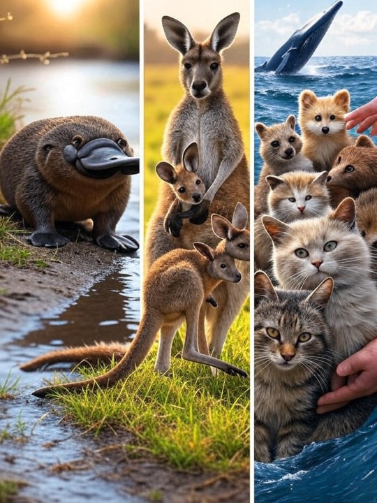 Photorealistic collage of diverse mammal species representing the three main types. On the left, a platypus (Monotreme). In the center, a kangaroo with a joey (Marsupial). On the right, a diverse group including a human hand, a cat, and a whale breaching (Placental). Soft, natural lighting, seamless blending, on a blurred natural background.