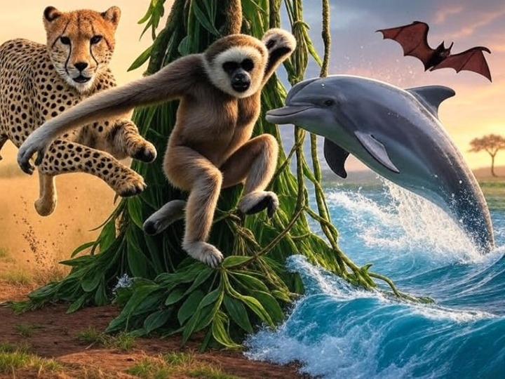 A dynamic scientific illustration showcasing the diverse ways mammals move. In one seamless scene: a cheetah running at full sprint with muscles taut, a gibbon brachiating through jungle vines, a dolphin leaping gracefully from ocean waves, and a bat in mid-flight echolocating at dusk. The style is realistic and detailed, reminiscent of a National Geographic wildlife photograph, with motion blur emphasizing speed and grace. The lighting is bright, clear, and scientific, highlighting the anatomical adaptations for movement