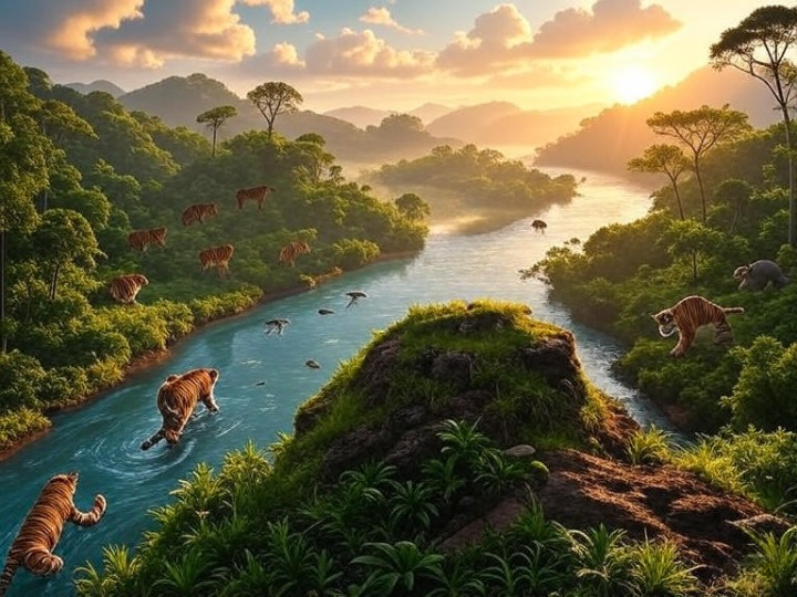 A wide, breathtaking landscape at sunrise, symbolizing a new era of hope. In the foreground, a single ranger or indigenous community member stands on a ridge, looking out with pride and optimism. The scene is a mosaic of restored ecosystems: a lush green forest, a healthy coral reef visible in a coastal area, and a clear river with fish jumping. Silhouettes of various iconic, once-threatened animals (a tiger, a panda, a sea turtle, a rhinoceros, a vulture) are subtly integrated into the landscape, thriving and peaceful. The style is photorealistic with a warm, golden-hour glow, evoking a sense of triumph and positive future. The overall mood is optimistic and awe-inspiring.The image does not contain peoples