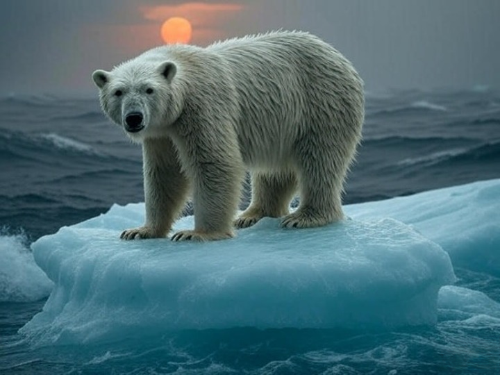 A critically endangered polar bear standing on a tiny, melting iceberg in a vast, stormy ocean. The bear looks weary and desperate, with a faint glimpse of a harsh, orange-hazed sun through the smoky atmosphere. The style is hyper-realistic, cinematic, and deeply emotive, evoking feelings of loneliness and urgency. The composition is a wide, epic shot emphasizing the scale of the environment versus the fragility of the animal.